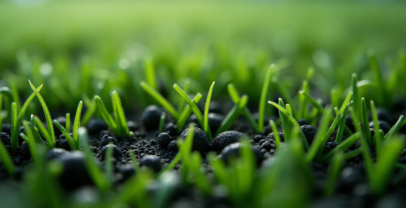 Extreme close-up of 3G artificial turf surface showing rubber infill granules