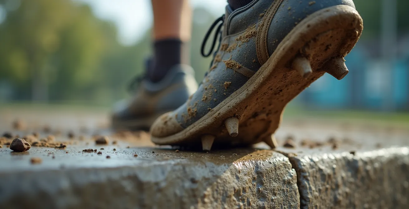 Close-up of runner's foot balancing on urban kerb edge during proprioception exercise