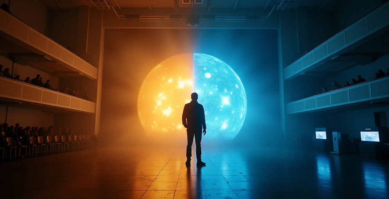 Theatre audience member at crossroads between traditional and technological performance spaces