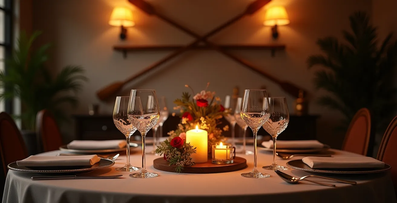 Elegant boat club dinner setting with rowing memorabilia and formal table arrangement