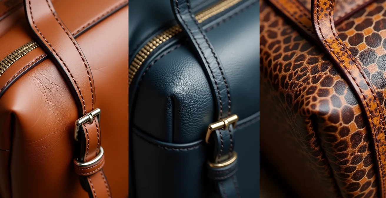 Macro photograph showing detailed textures and craftsmanship of British luxury leather goods