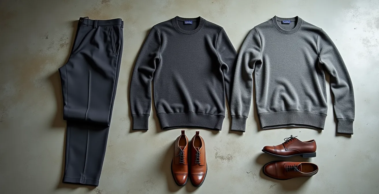 Minimalist professional wardrobe essentials arranged in a geometric pattern