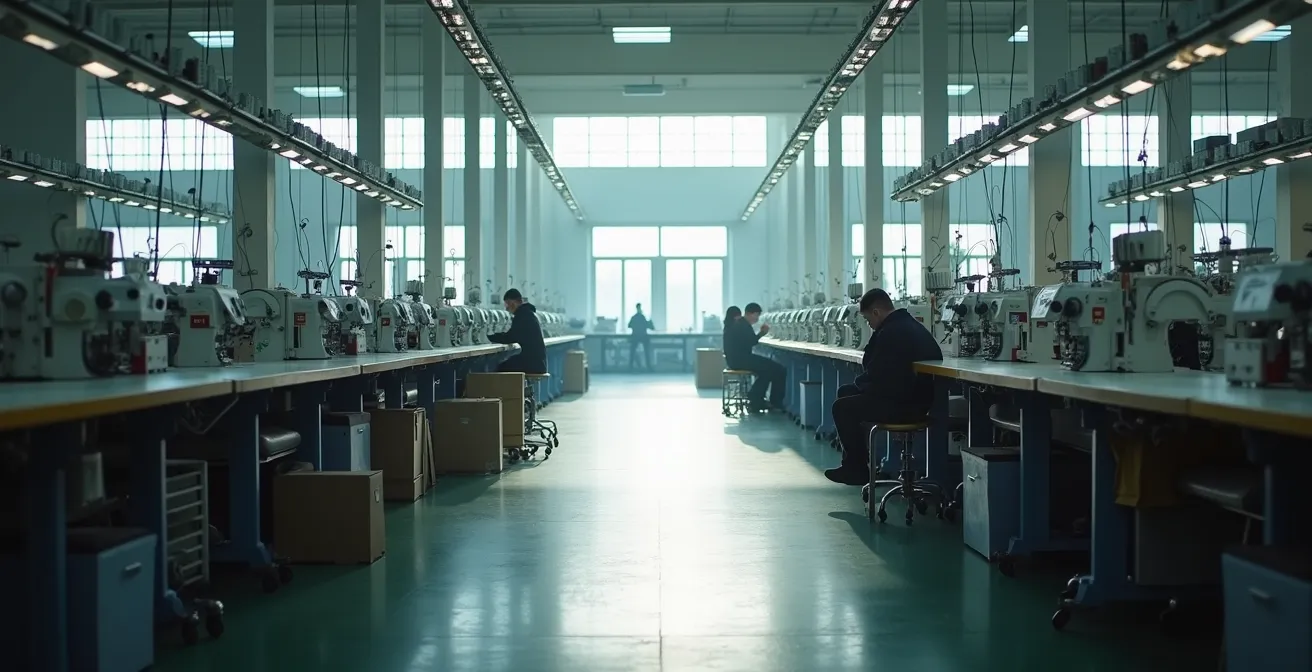 Wide angle view of a UK textile factory interior showing workers at sewing stations