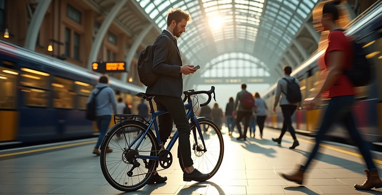 Folded Brompton bicycle in busy London train station during morning commute
