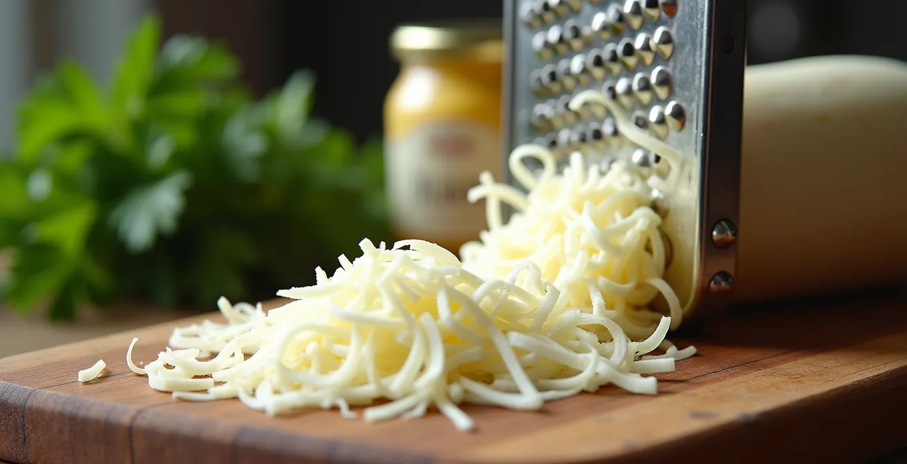 Close-up of freshly grated celeriac being prepared for remoulade with British mustard and herbs