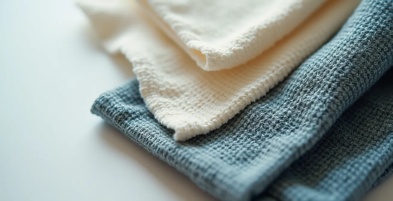 Extreme close-up of textile certification labels showing texture and weave patterns