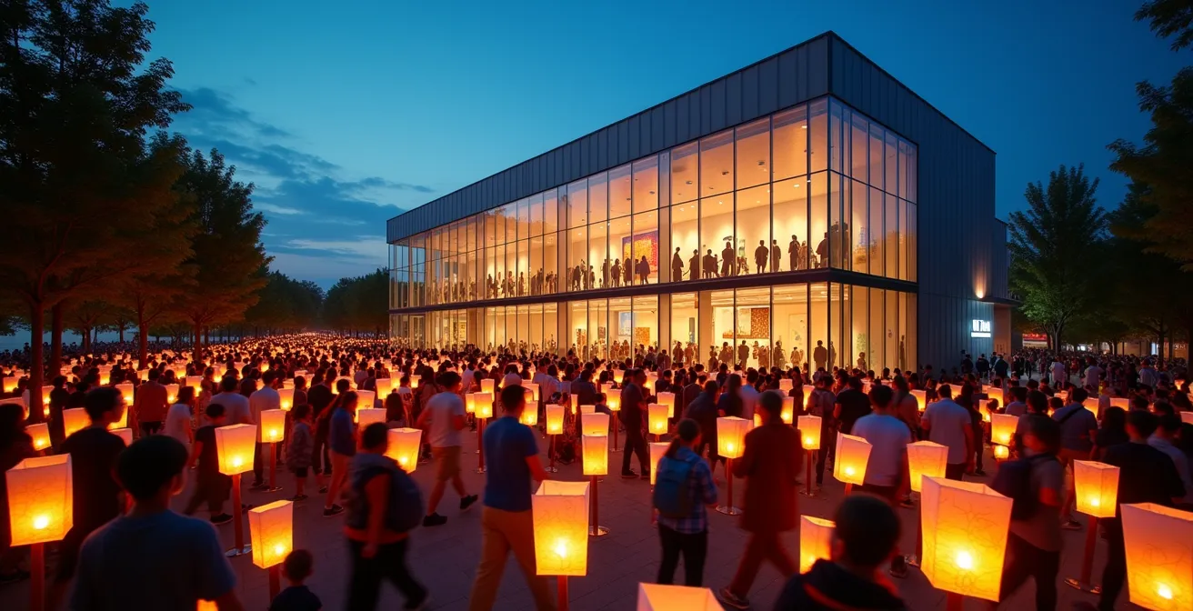 Evening lantern parade with local families outside modern art gallery in Northern English town