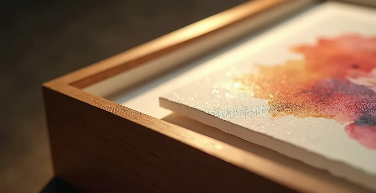 Close-up detail of museum-quality conservation framing protecting artwork