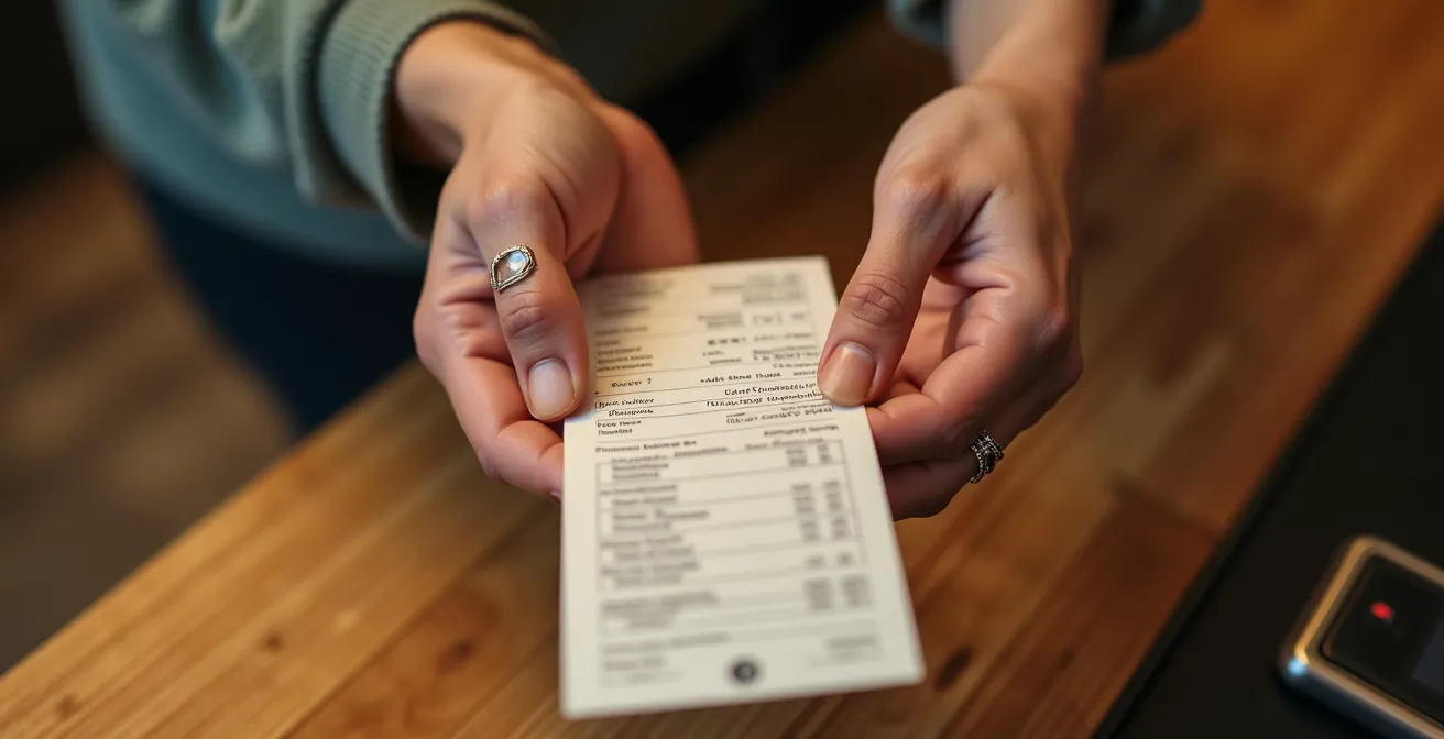 Close-up of a transaction at a pop-up shop showing receipt exchange and payment process