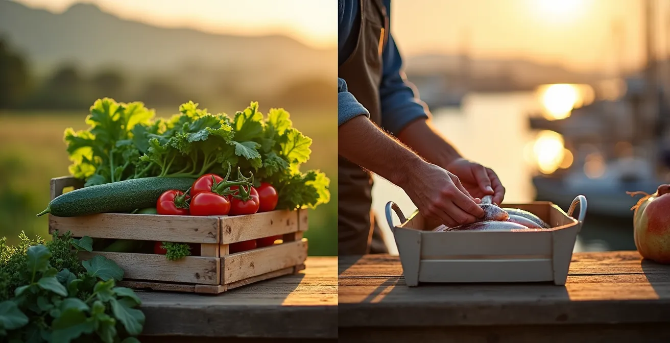 Split scene showing fresh vegetable box delivery alongside day boat fishing harbour