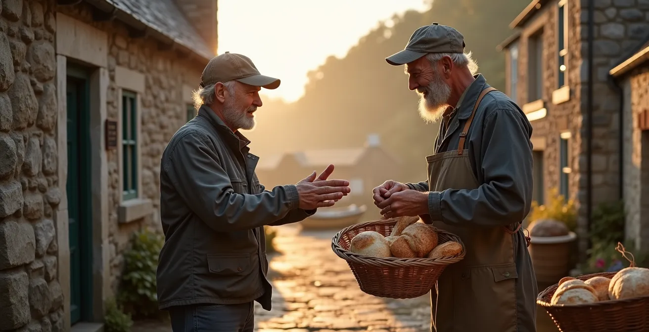 Early morning scene in a quiet Cornish fishing village with locals