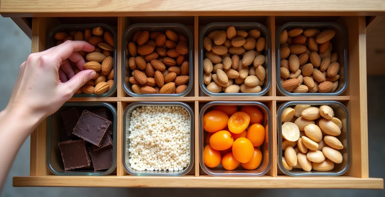 Organized office desk drawer with healthy snacks in clear containers