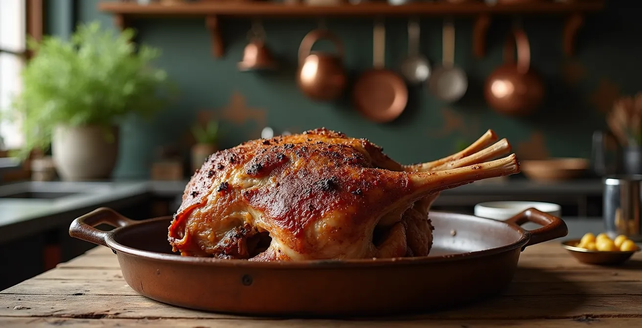 Lamb shoulder with perfectly formed spice crust showing texture contrast