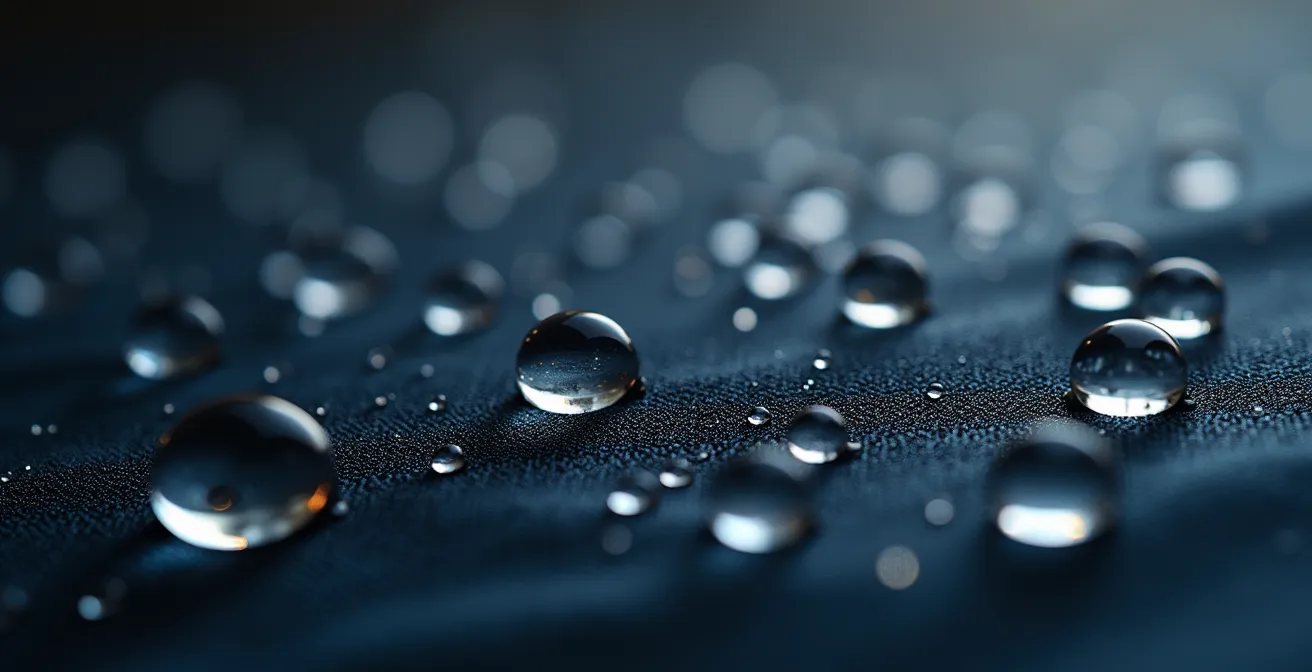 Close-up of water beading on restored DWR coating surface