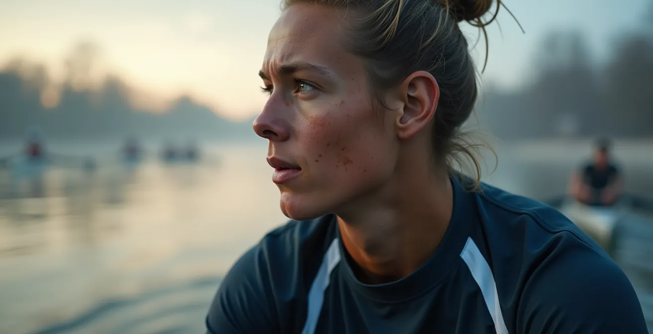 University rowing crew training at dawn on misty river