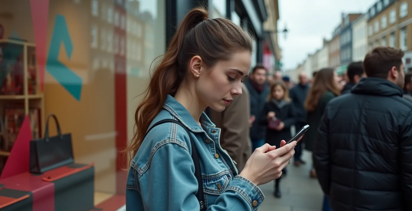 Eager shoppers queuing outside a limited-time pop-up shop in London showcasing the FOMO effect