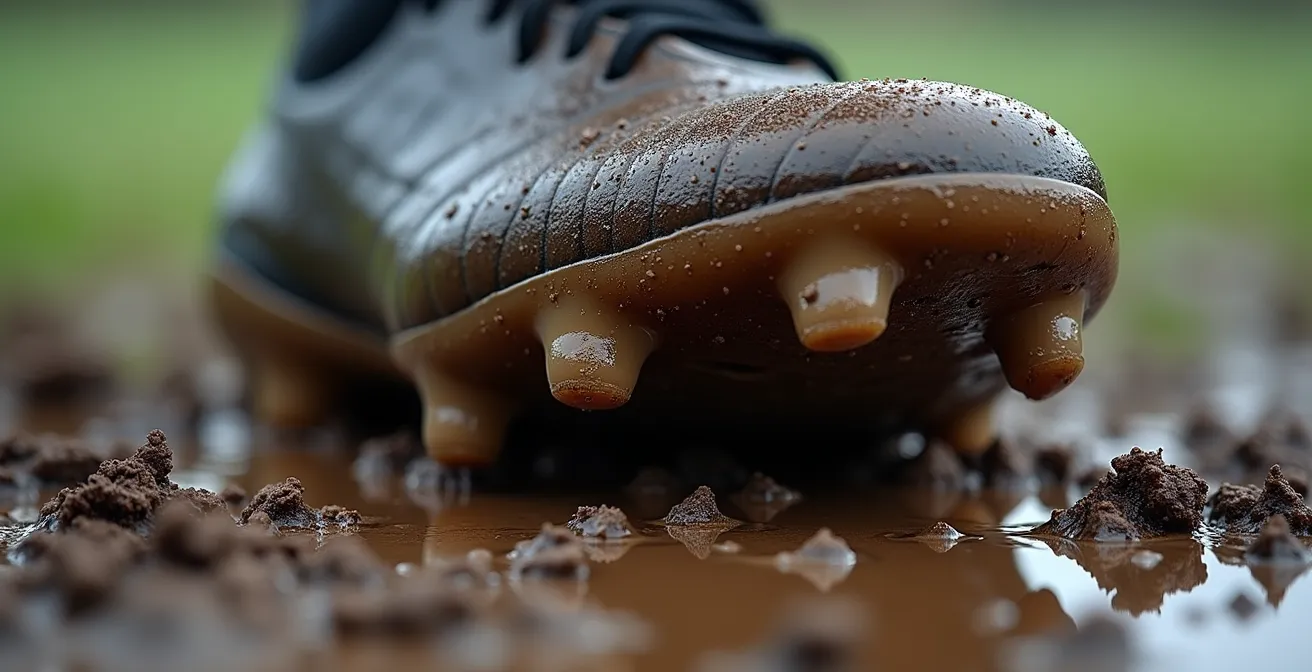 Close-up comparison of different football boot stud patterns on wet muddy surface