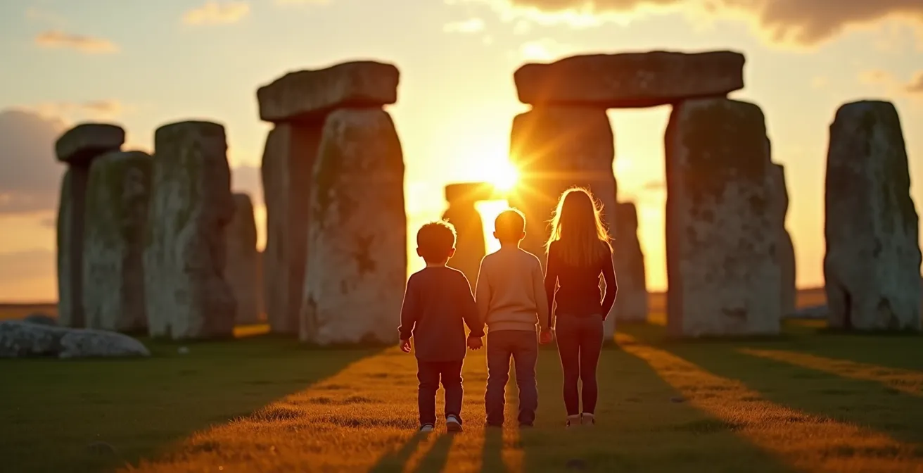 Stonehenge stone circle bathed in golden afternoon light with minimal visitors