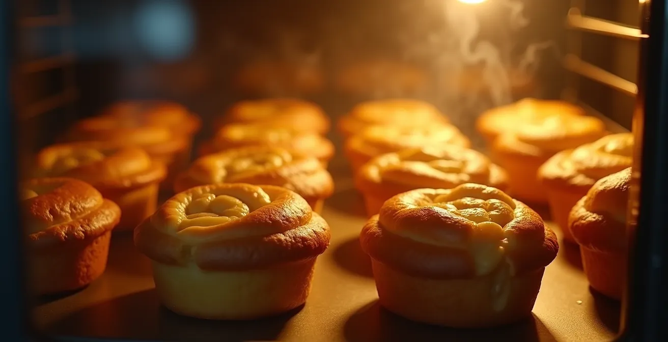 Close-up of golden Yorkshire pudding rising dramatically in the oven