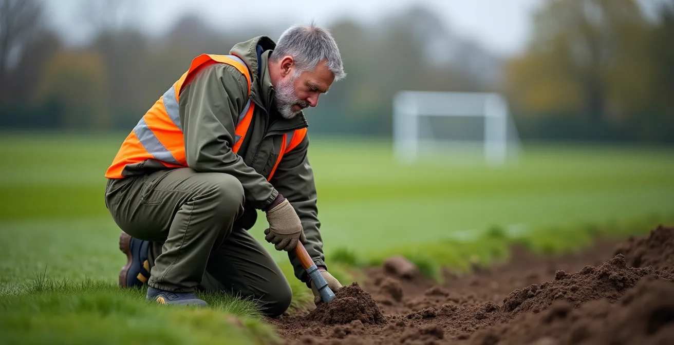 Portrait of volunteer groundskeeper working on community football pitch