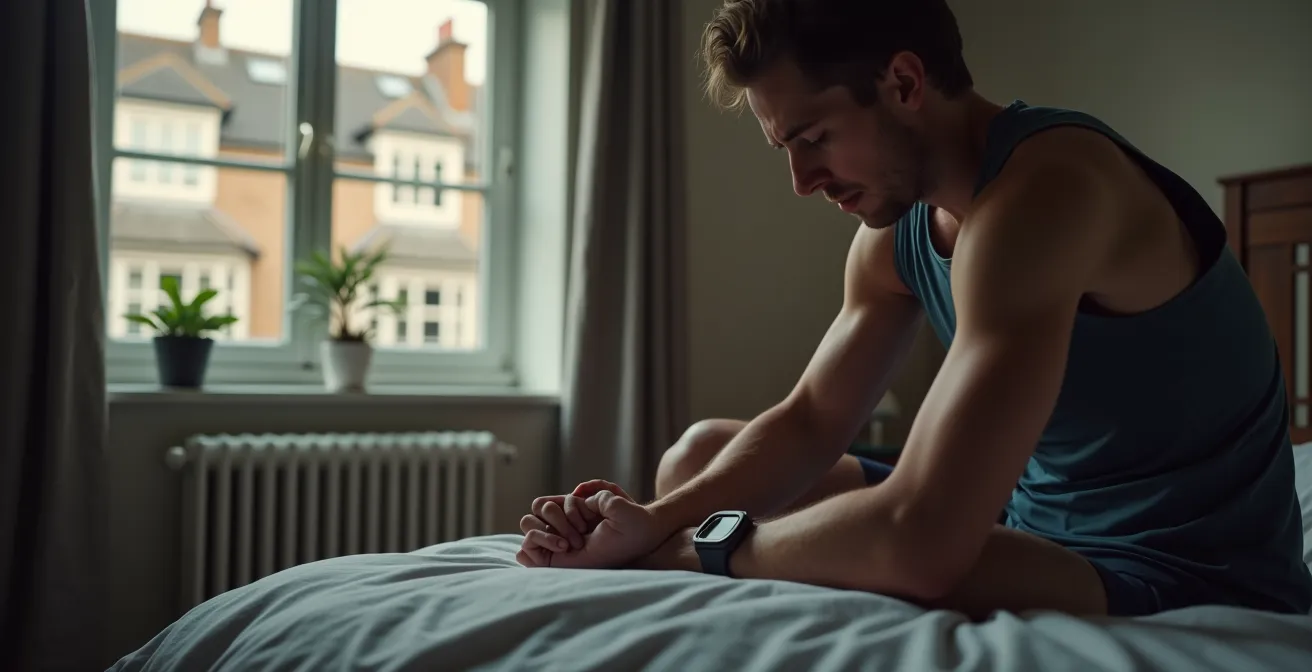 Athlete checking heart rate monitor watch in minimalist British home setting