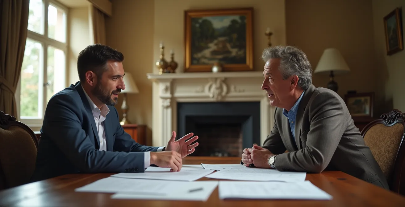 Landlord and tenant reviewing energy efficiency documents together in a Victorian property.