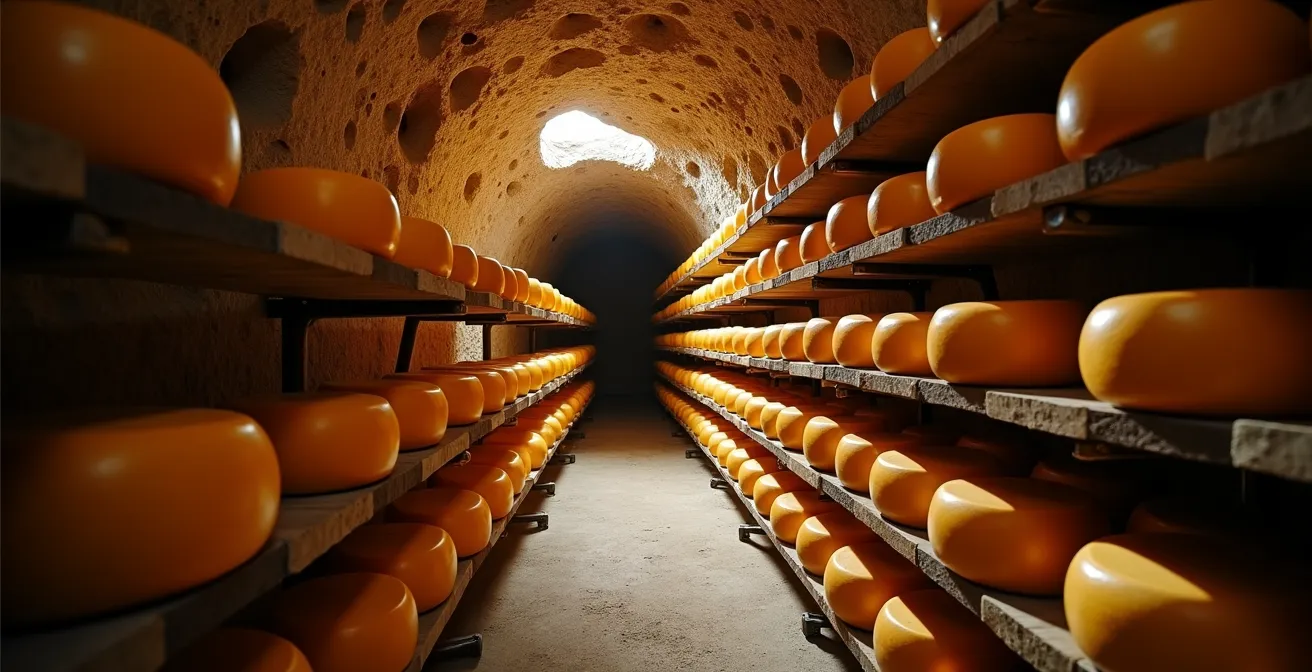 Underground limestone cave aging facility showing cheese wheels on wooden shelves