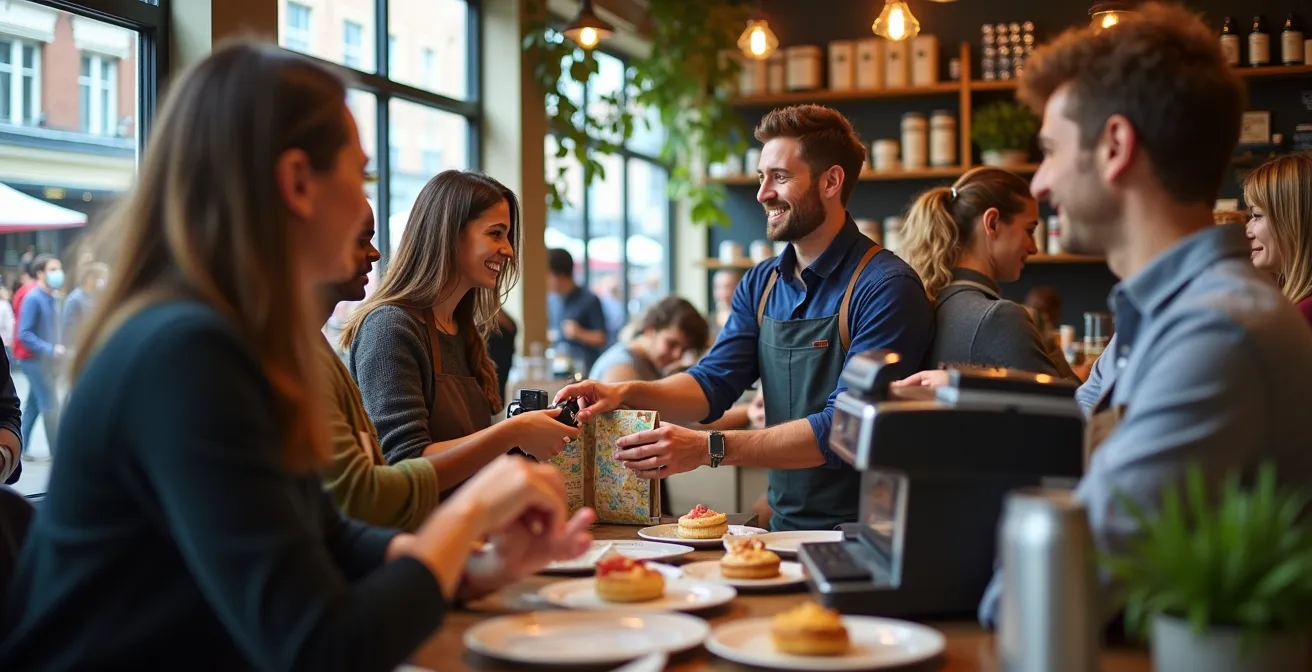 Busy independent cafe with festival-goers and local suppliers delivering goods in Northern English market town