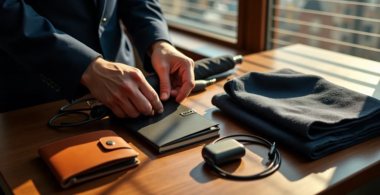 Professional commuter bag contents systematically arranged showing daily essentials