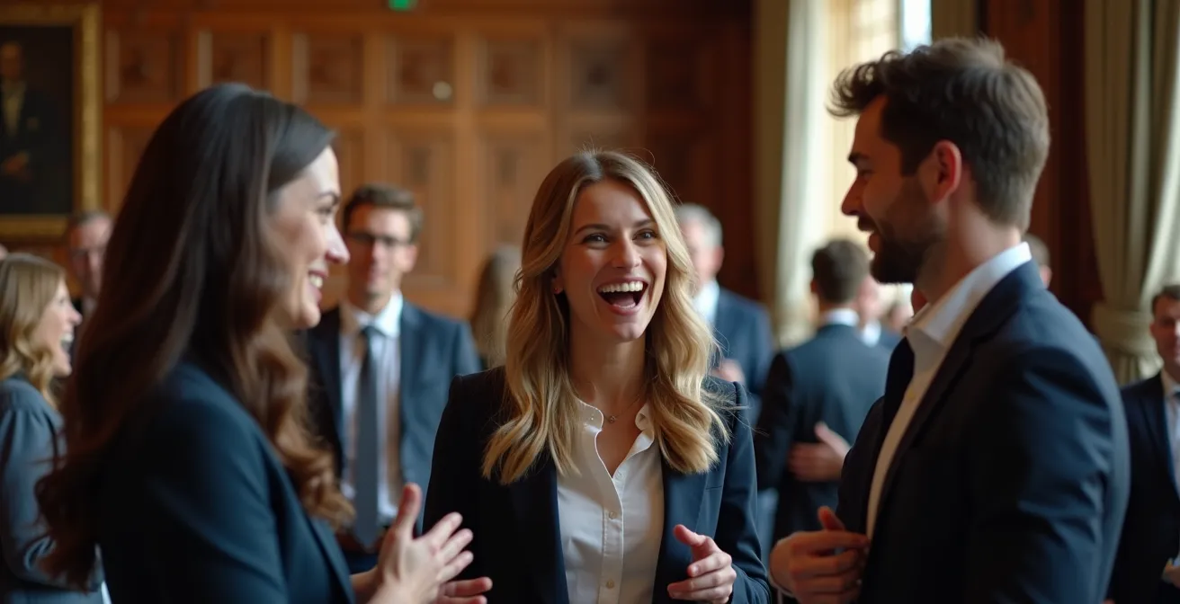 Professional networking event in historic London Guildhall with young finance professionals