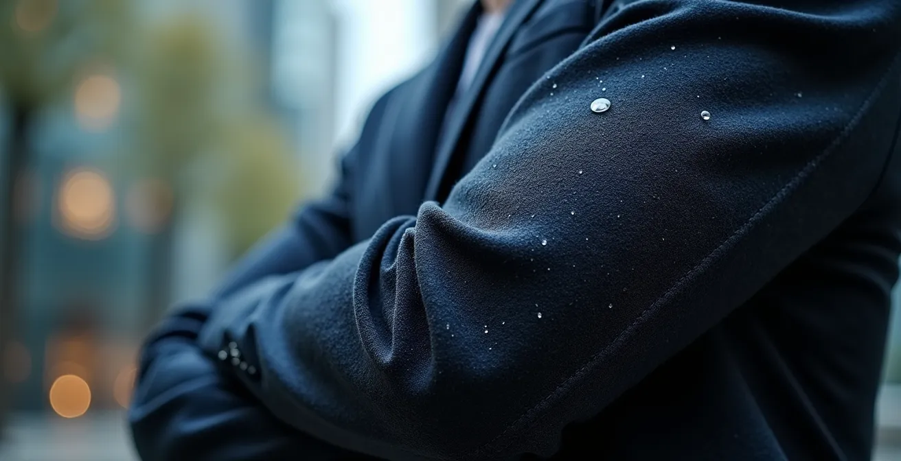 Close-up detail of merino wool blend fabric on commuter's sleeve