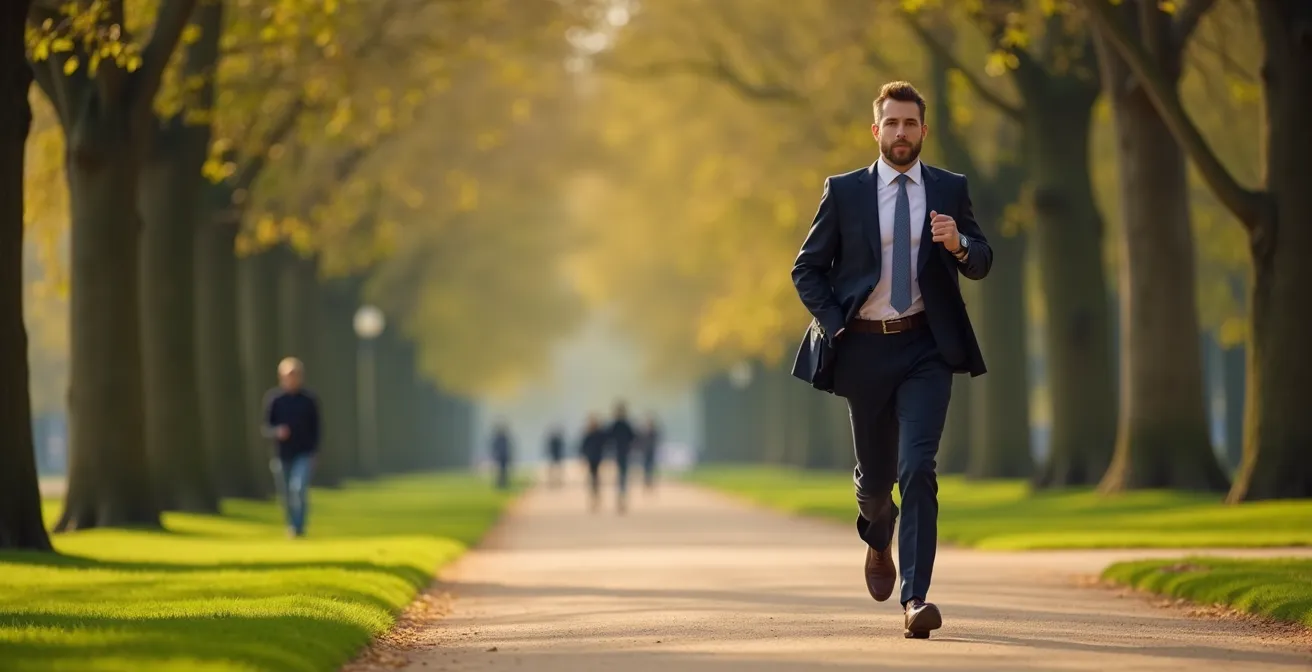 Office worker in business attire doing a brisk walk through a London park during lunch hour