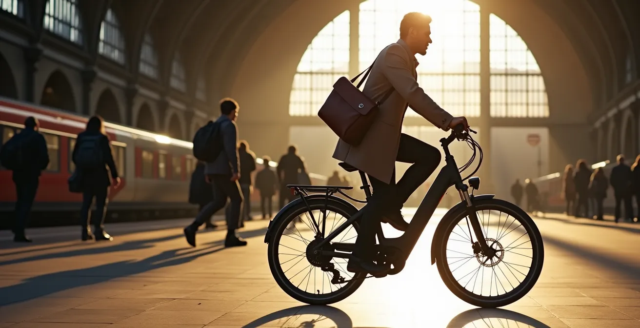 Morning commuters with e-bikes near London railway station entrance