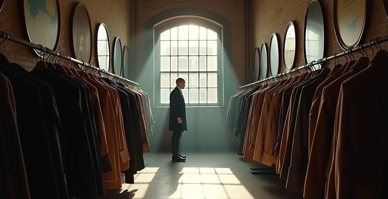 Environmental wide shot of London's vintage fashion market atmosphere with authentic period pieces