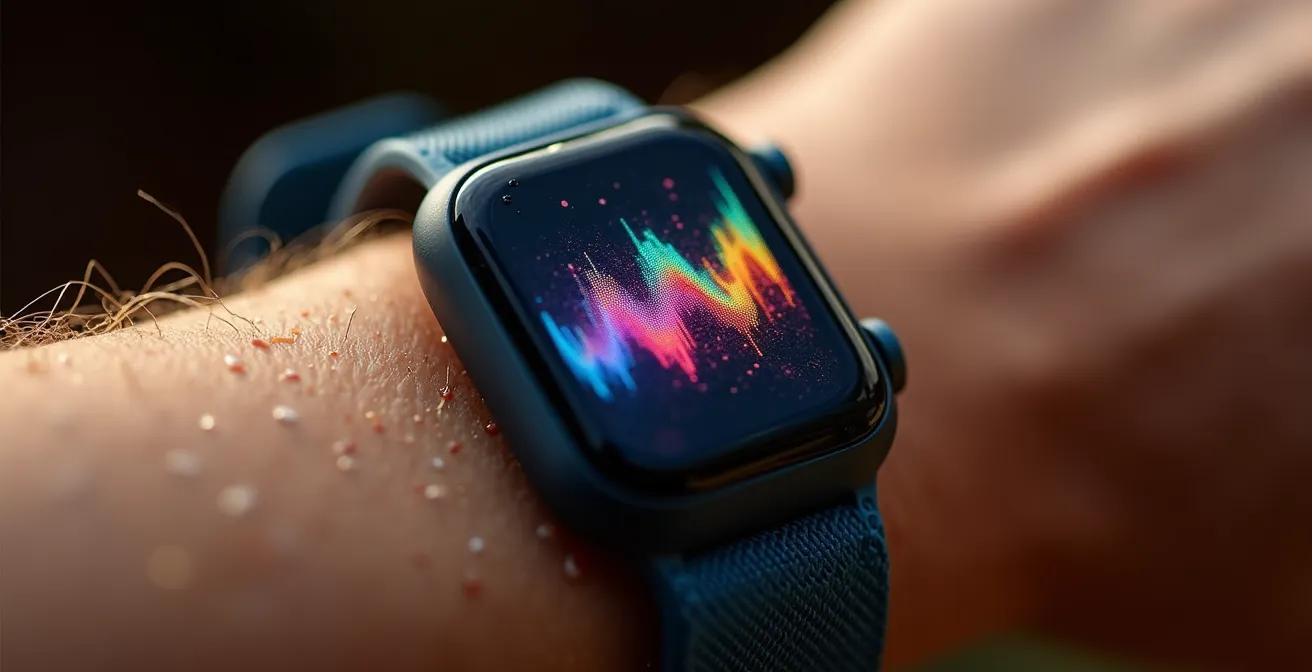 Extreme close-up of a fitness tracker showing abstract heart rate patterns without readable numbers