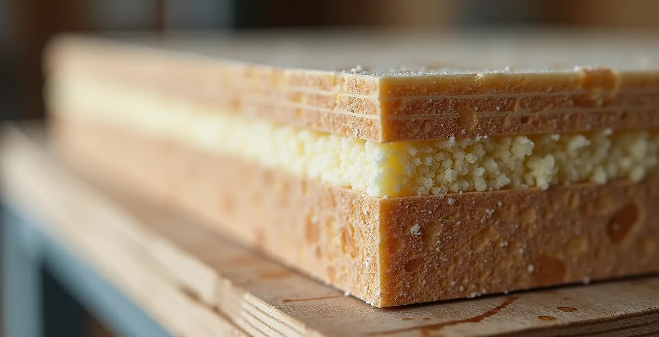 Extreme close-up of SIPs panel construction showing insulation layers and OSB facing