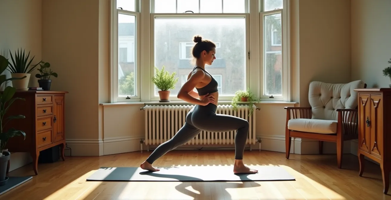 Wide angle view of person doing yoga in a compact British living space with Victorian features
