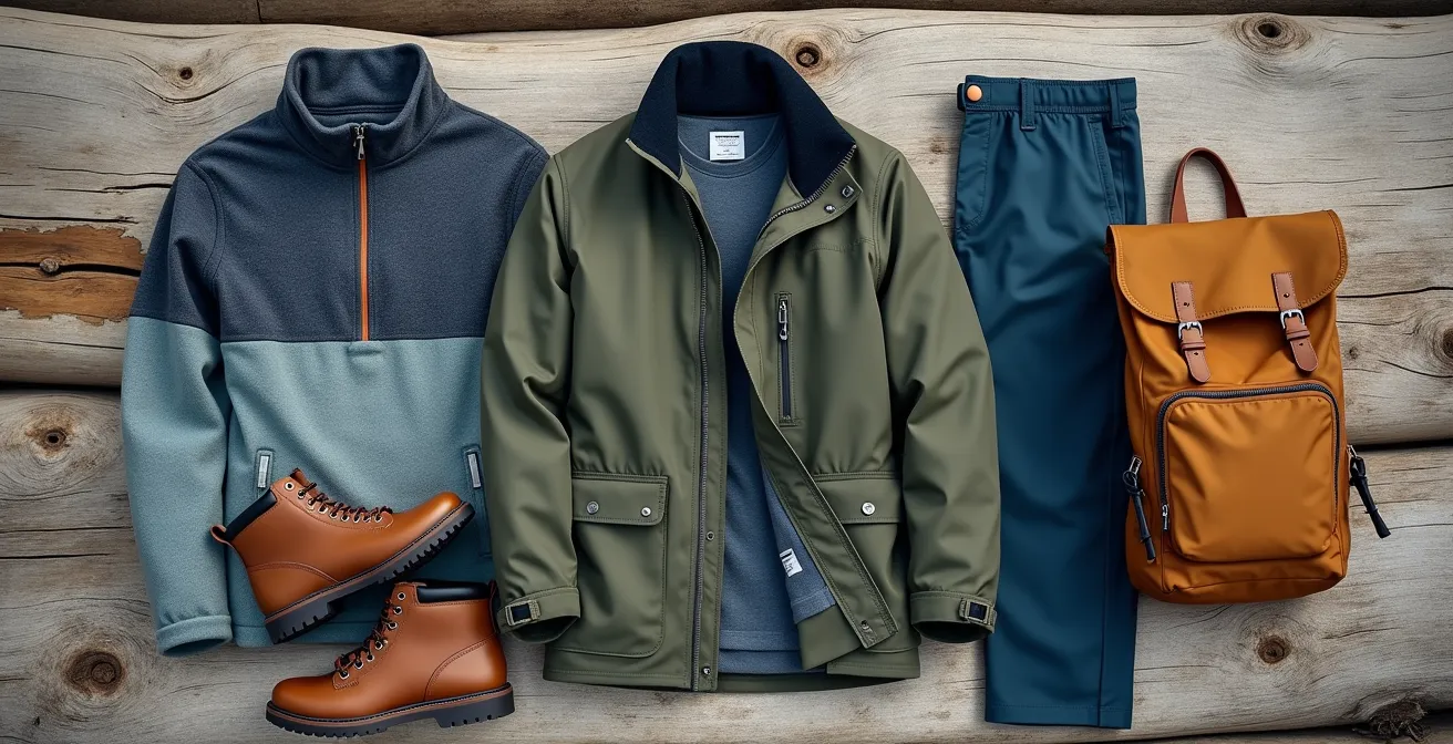 Overhead view of versatile clothing items arranged for Cornwall packing