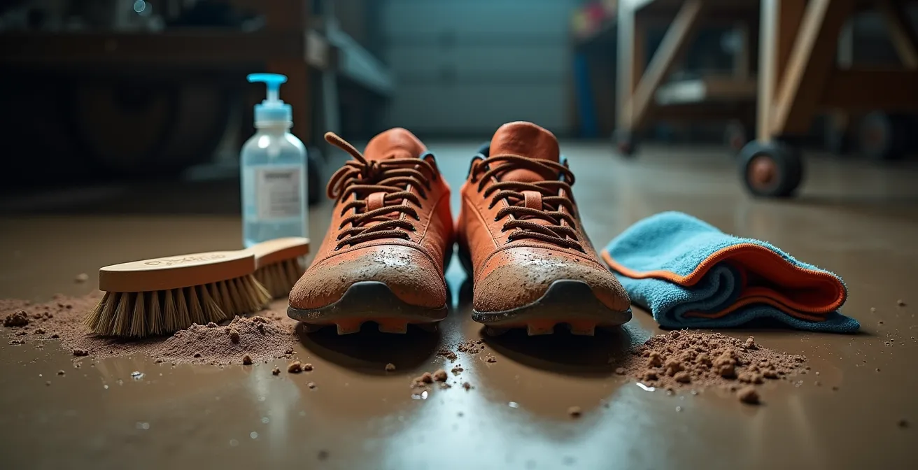 Muddy running shoes with cleaning supplies arranged on newspaper