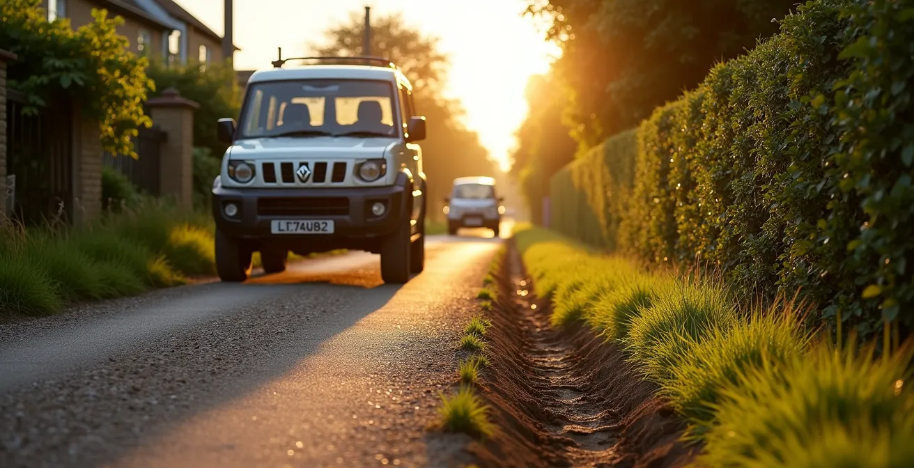 Car properly parked in designated area with clear lane access for farm vehicles