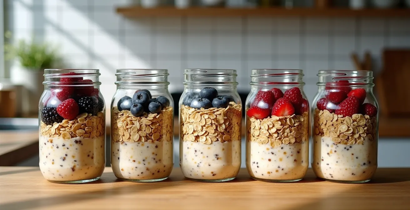 Row of prepared overnight oats jars on British kitchen counter