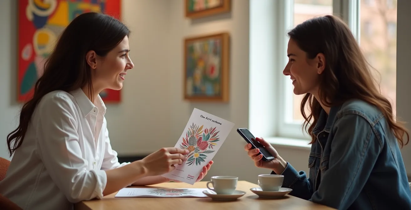 Gallery consultant explaining the Own Art payment scheme to a potential buyer