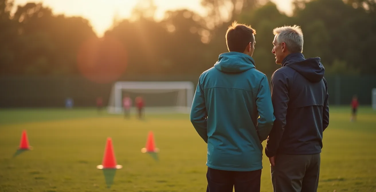 Coach speaking calmly with parents at the sideline of a youth football pitch