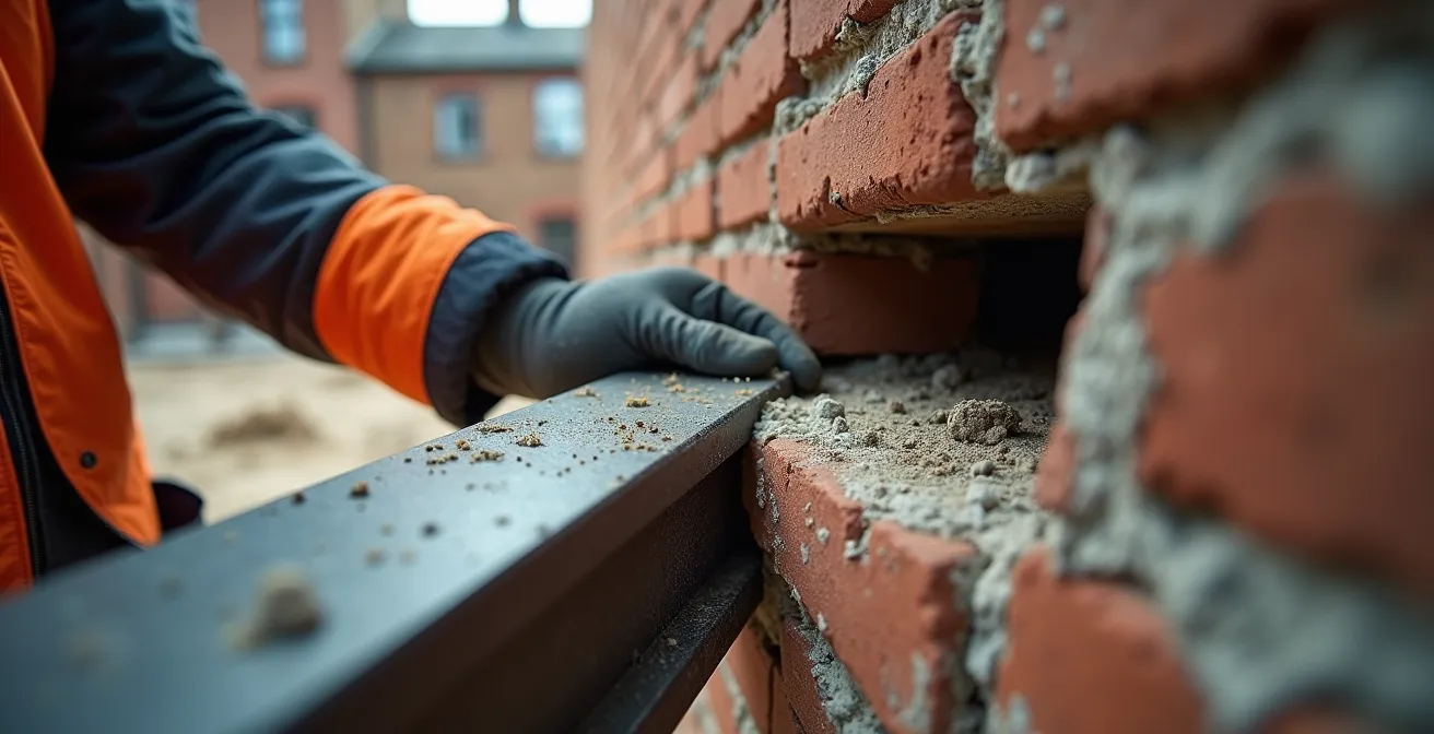 Close-up view of steel beam insertion into Victorian party wall during loft conversion