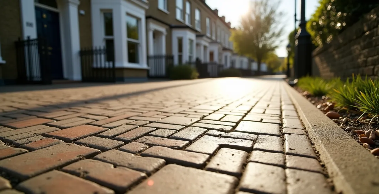 Wide shot of traditional permeable block paving installation in conservation area home front garden