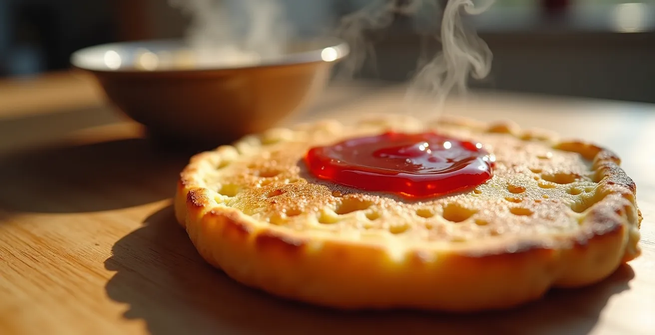Macro shot of toasted crumpet with jam and porridge oats in British kitchen setting