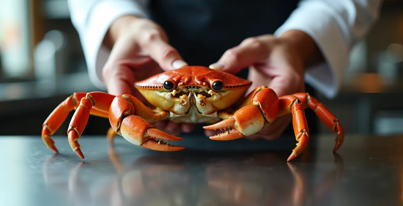 Professional chef demonstrating safe crab handling technique in a commercial kitchen
