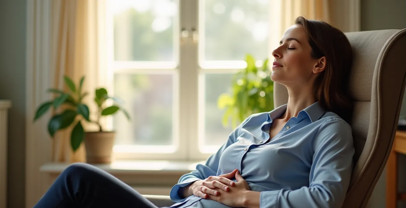 A person in business attire practicing deep breathing exercises near a window with soft natural light
