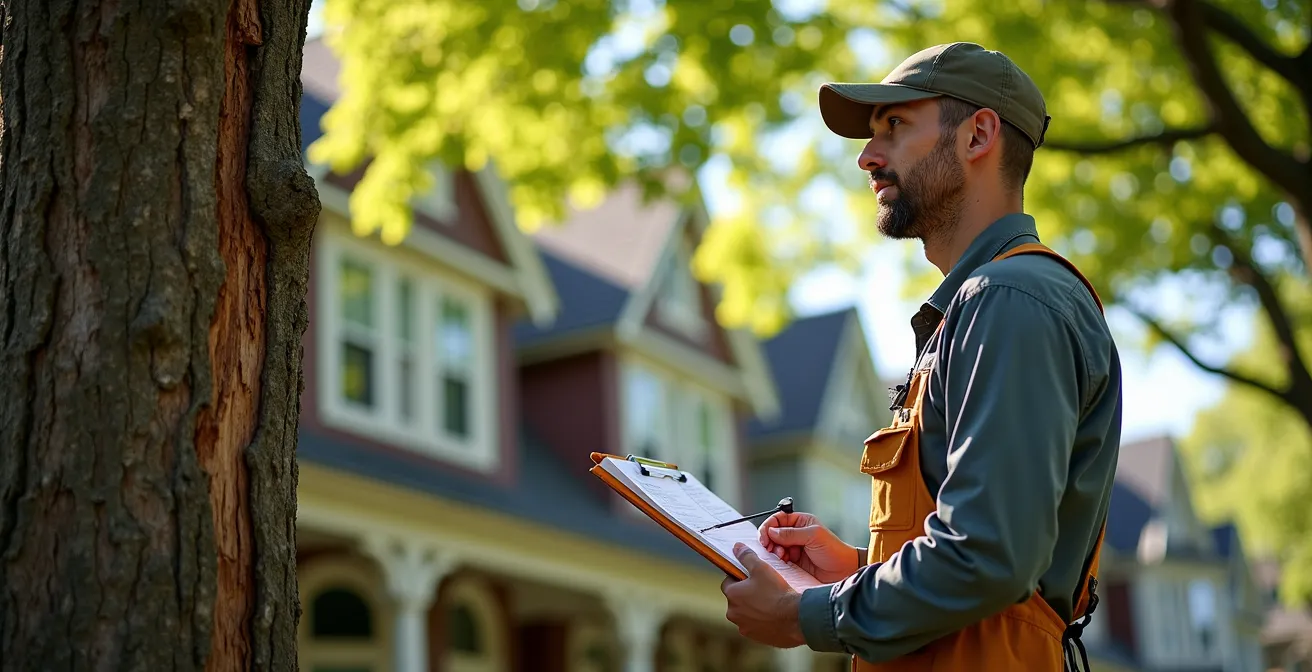 Human perspective showing arborist assessing mature protected tree in conservation area