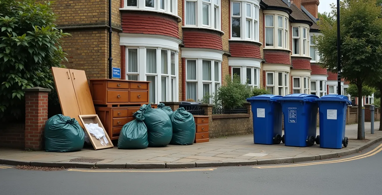Clean residential street corner showing designated bulky waste collection point with neat arrangement
